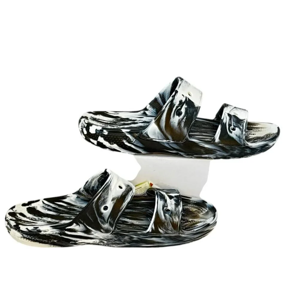 CROCS Men's NEW Classic Marbled Sandal Black and White Double Strap Slide On 13